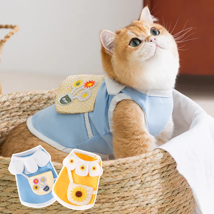 春夏季猫咪衣服花瓣领编织挎包背心蓝猫幼猫无毛猫宠物猫服饰
