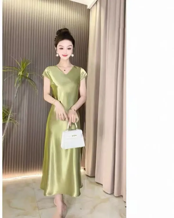（小飞袖）V领短袖洋气长裙收腰连衣裙女装夏季中长款轻奢气质显瘦