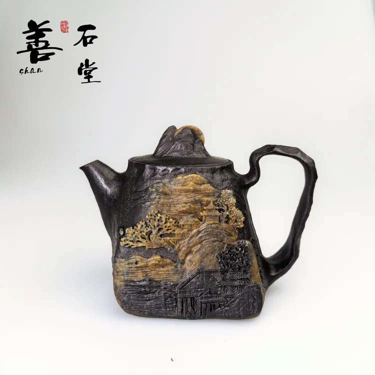 【月隐峰桥】天然冰碛岩手工石头茶壶晶体俏色随型壶山水雕刻石壶