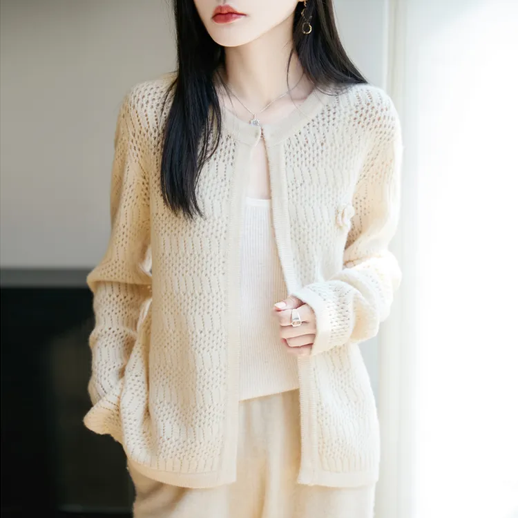 气质款~100纯羊毛七针钩花无扣镂空开衫女百搭时尚羊毛开衫外套