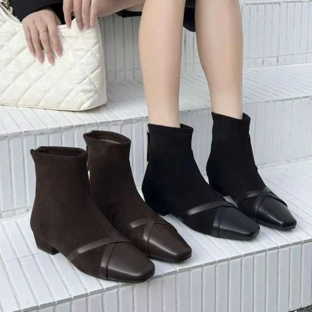 5150欧陌2025女短靴细跟棕色瘦瘦靴方头秋冬休闲风女靴靴子