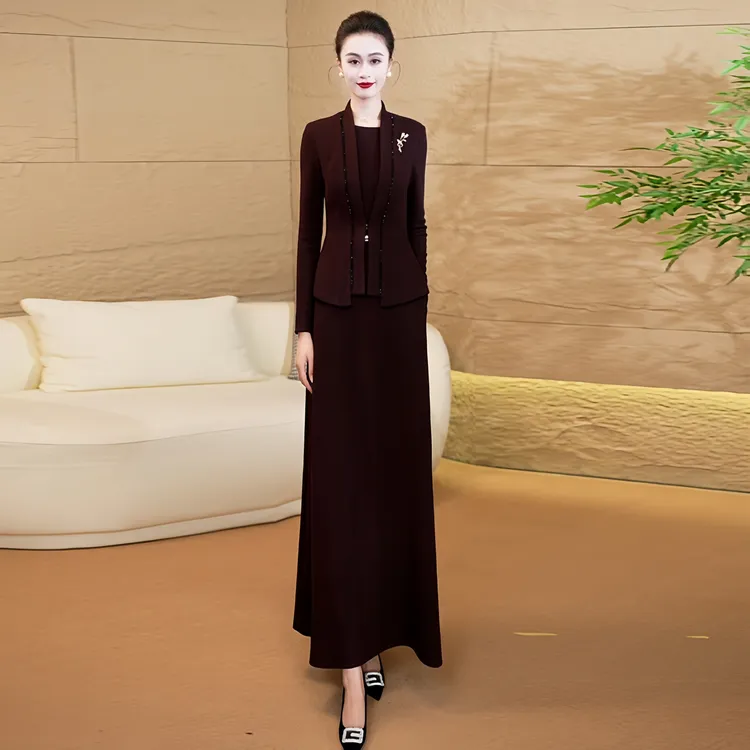 端庄气质假两件连衣裙2025秋冬新款修身显瘦时尚轻奢婚宴妈妈装53