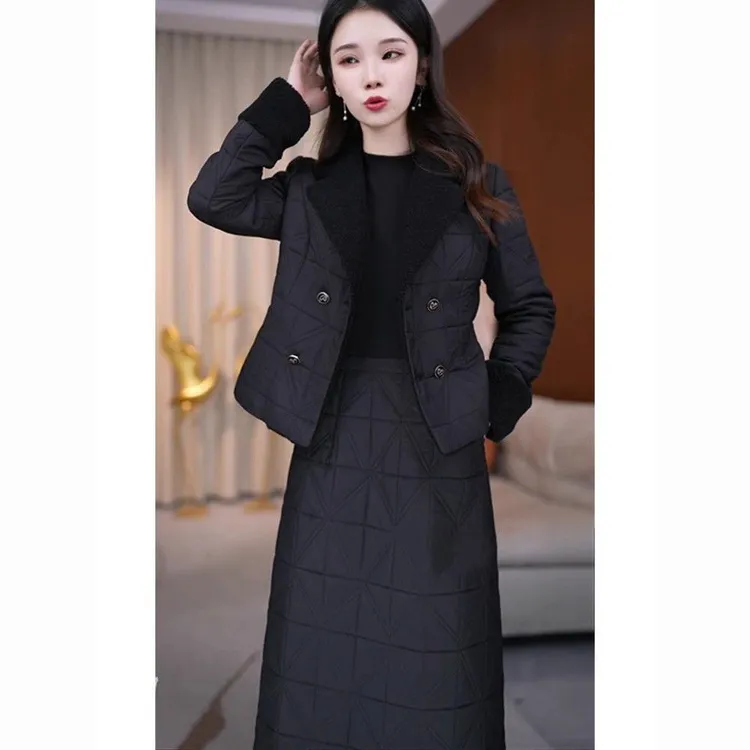 A809高端两件套长袖连衣裙女2024冬季新款夹棉加厚妈妈精致套装裙