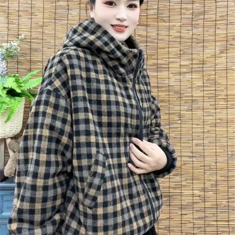2025秋冬新款格子加绒加厚两面穿洋气棉衣女休闲百搭显瘦时尚棉服