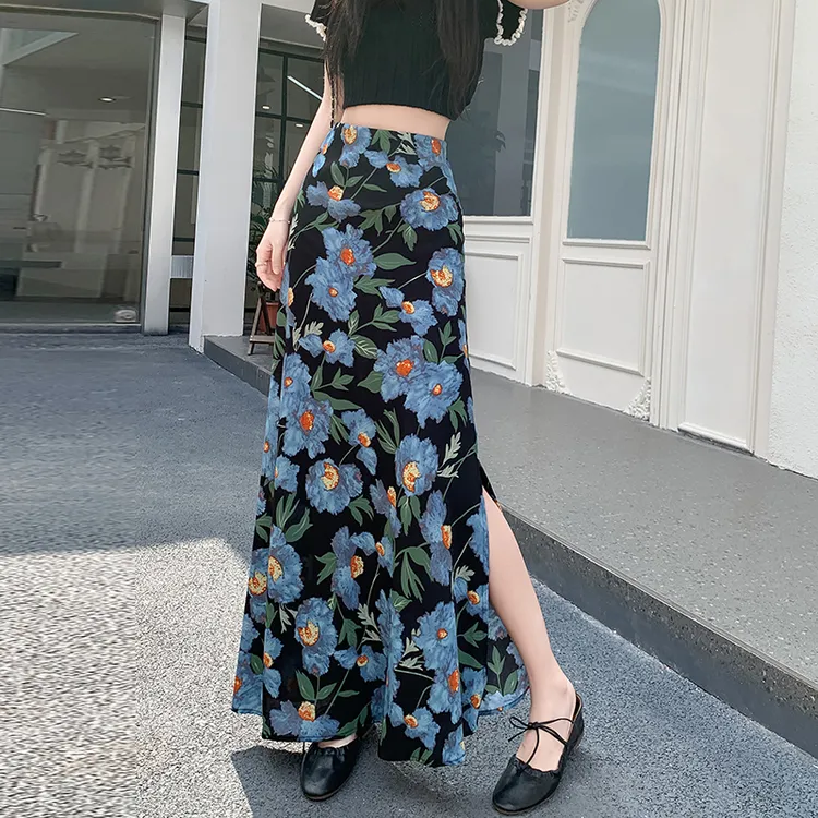 春夏侧开叉碎花雪纺半身裙女2025新款法式风情万种包臀鱼尾长裙子