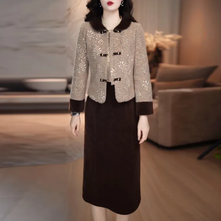 端庄大气时尚复古拼接连衣裙套装女2025秋新款加厚保暖裙装两件套