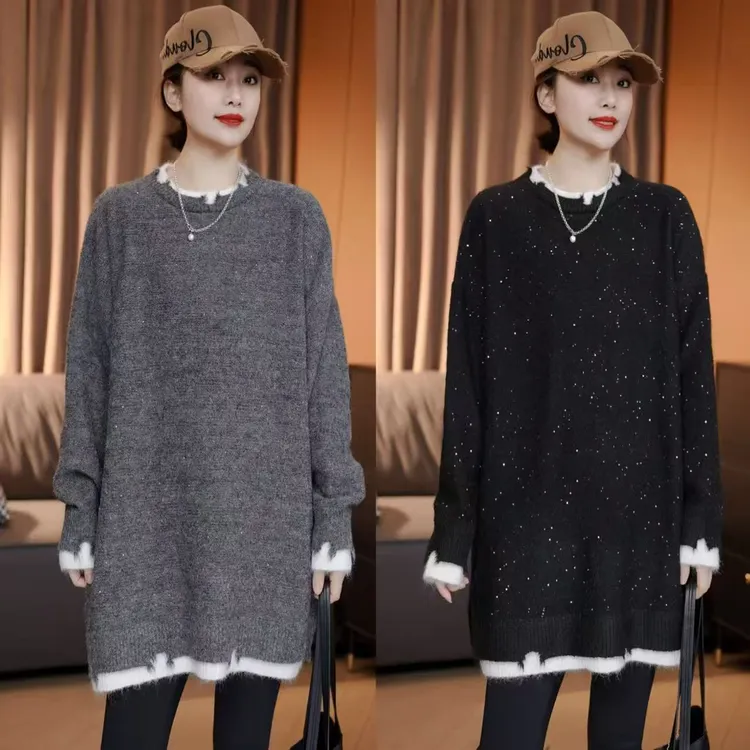冬季新款 圆领针织 亮片假两件毛衣显瘦气质韩版慵懒风针织衫