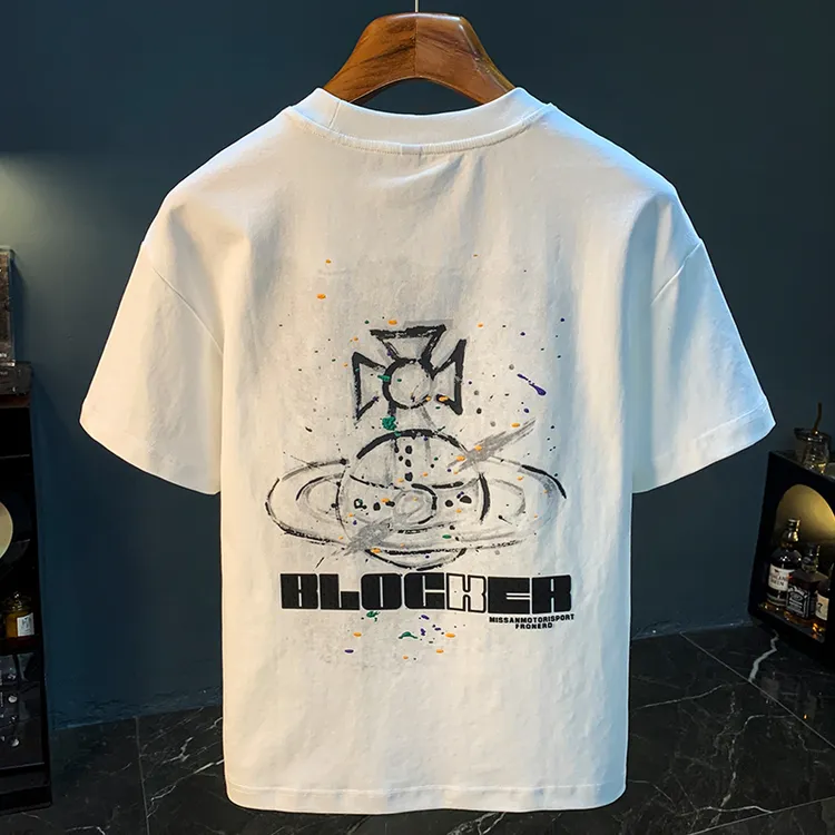 痞帅高端男款短袖T恤潮牌印花白色圆领薄款半截袖汗衫棉质t恤