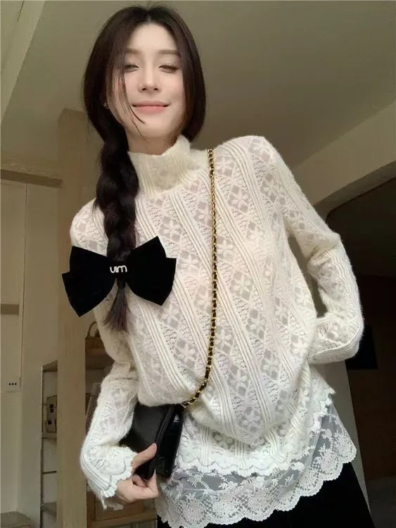 红人上新韩系百搭时尚设计感宽松镂空拼接蕾丝长袖针织打底衫上衣