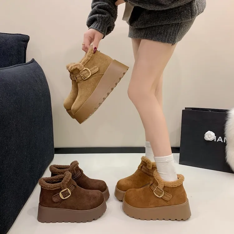 牛皮女鞋勃肯鞋女冬季加绒保暖厚底毛毛鞋加厚厚底棉鞋91111