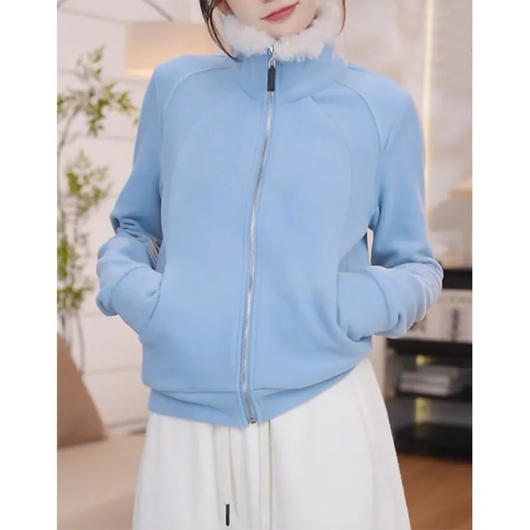 韩版时尚立领拉链卫衣外套女2025秋冬新款休闲百搭毛领加绒上衣