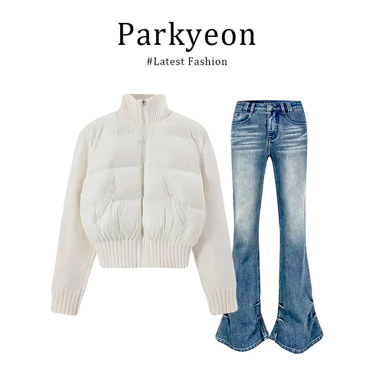 INS CEC韩版白色立领针织拼接短款棉服外套冬季小个子保暖棉衣