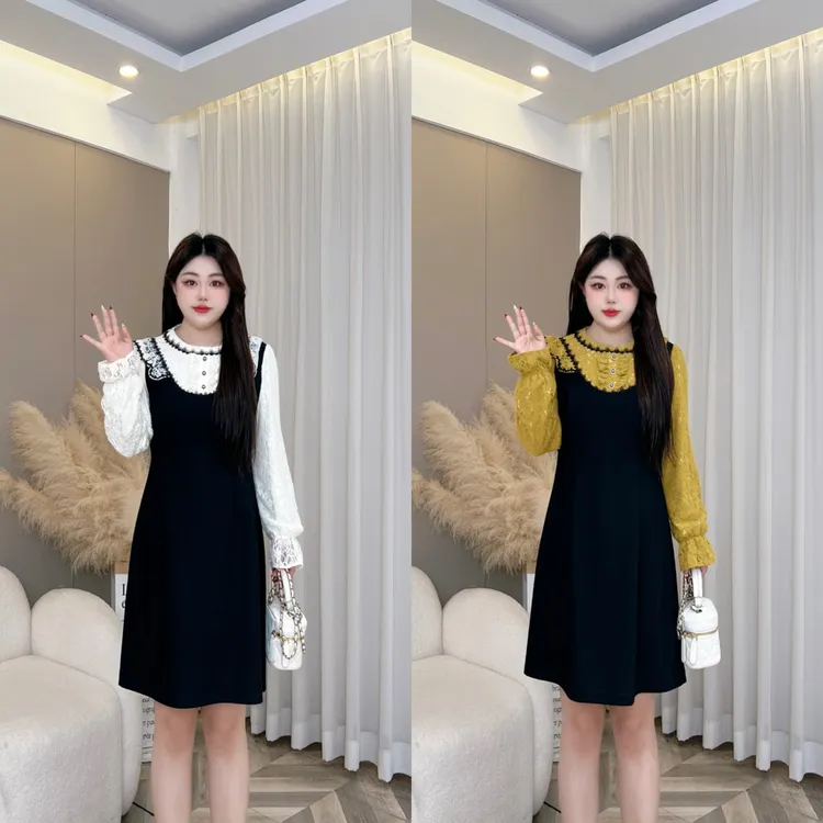 【玲胖胖 仙女散花】蕾丝拼接假两件显瘦大码女装连衣裙LPP62044