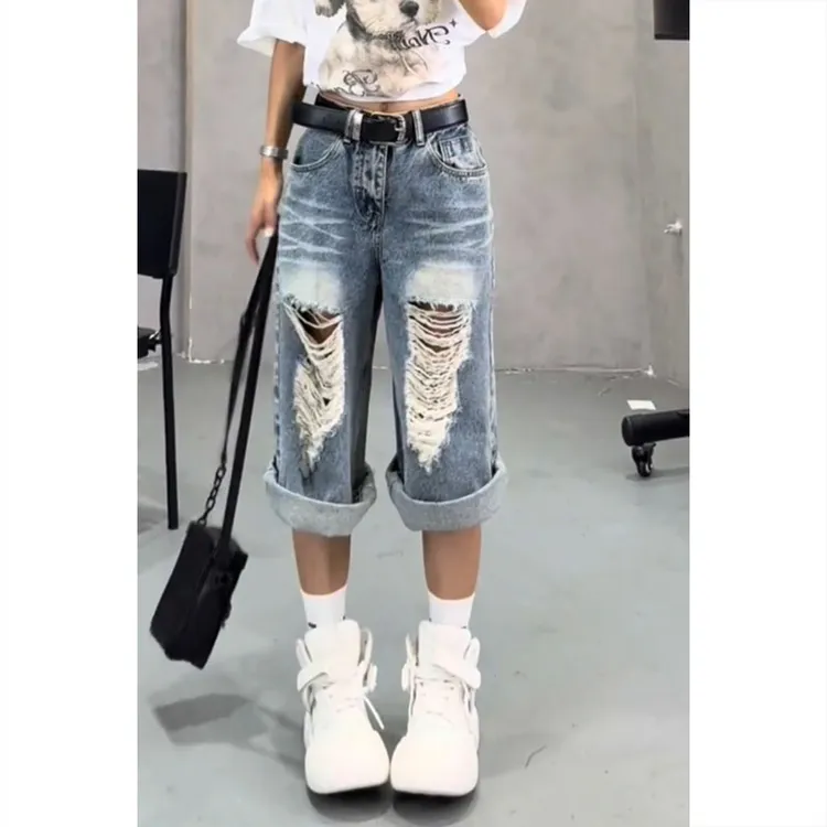 艾塔莉百搭牛仔短裤破洞五分裤女夏季新款胖mm梨型身材宽松阔腿裤