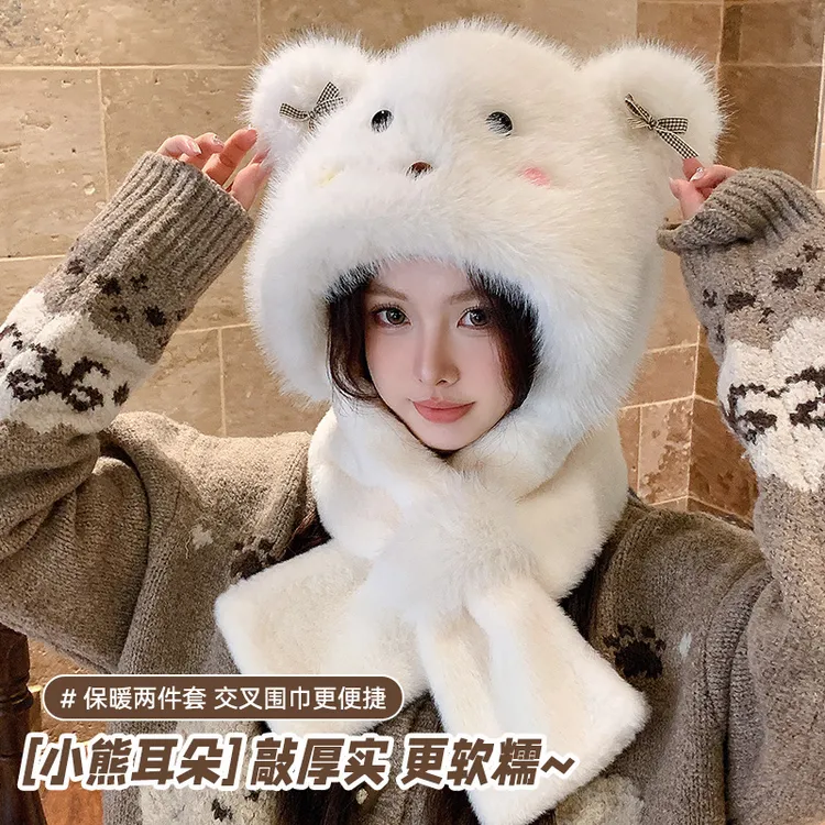 可爱小熊毛绒帽子围巾一体女冬季新款加绒加厚保暖防寒护耳雷锋帽