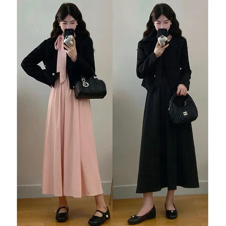 大码胖mm女装韩系气质百搭小香风外套+大圆领长袖系带连衣裙套装