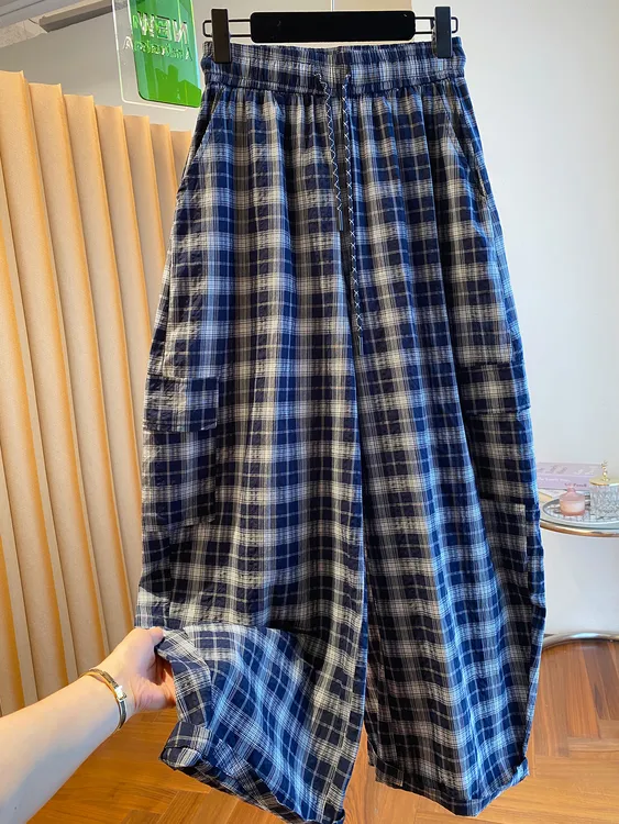 高端欧货夏季款高级感时尚宽松大口袋抽绳松紧格子弯刀阔腿裤女薄