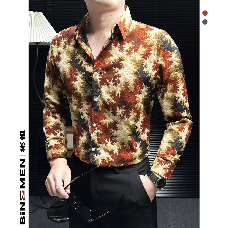 复古拼色枫叶印花衬衫男长袖男款2025秋季痞帅风修身港风男士上衣