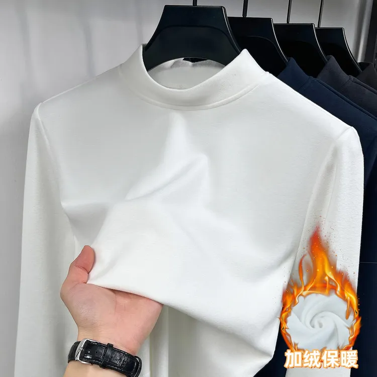  男士秋冬保暖蓄热半高德绒打底衫秋冬长袖t恤男纯色加绒保暖内搭