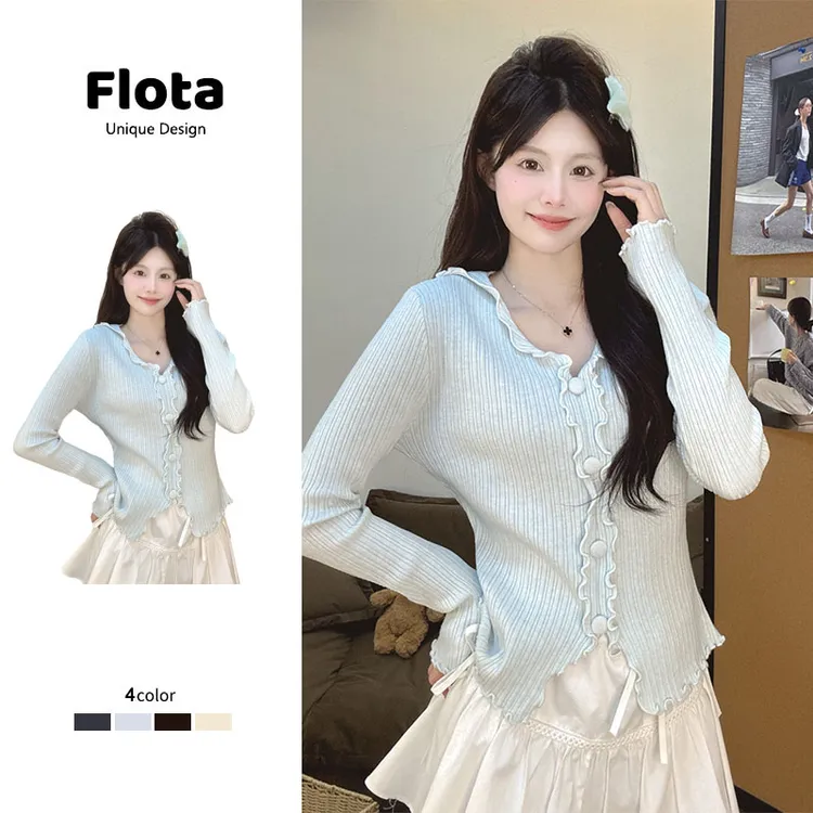 【flota】针织立体圆形纽扣独特温柔小清新修身显瘦木耳花边领3160