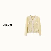 jillyi【蕾丝洋甘菊】浅黄色V领拼接蕾丝雏菊花朵优雅气质时尚外套