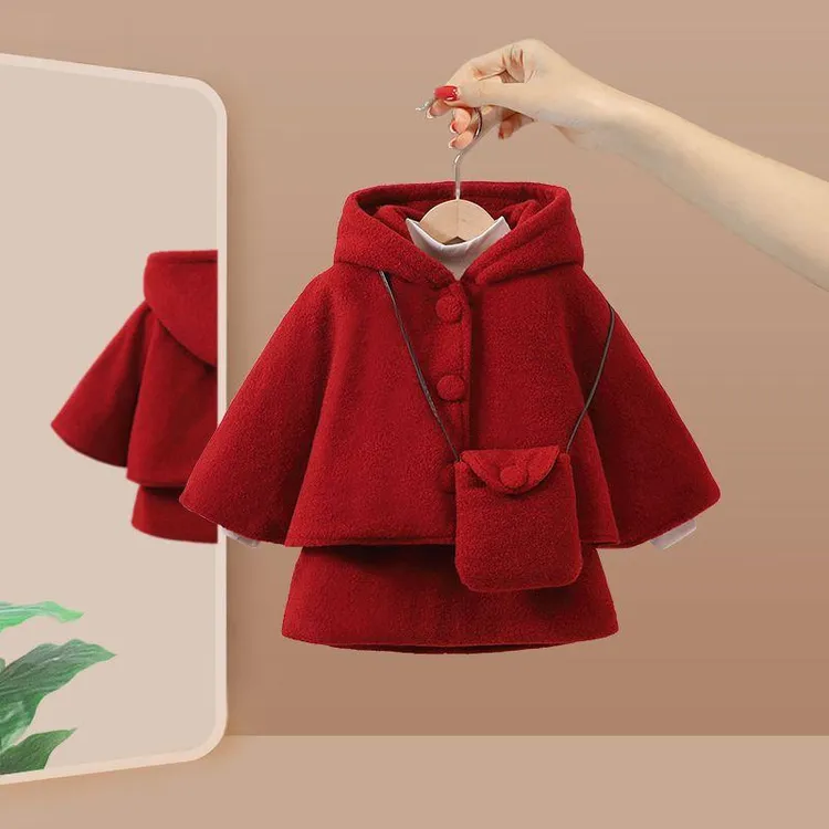 高质量女童套装加绒红色新款洋气宝宝加厚儿童拜年服斗篷公主裙周