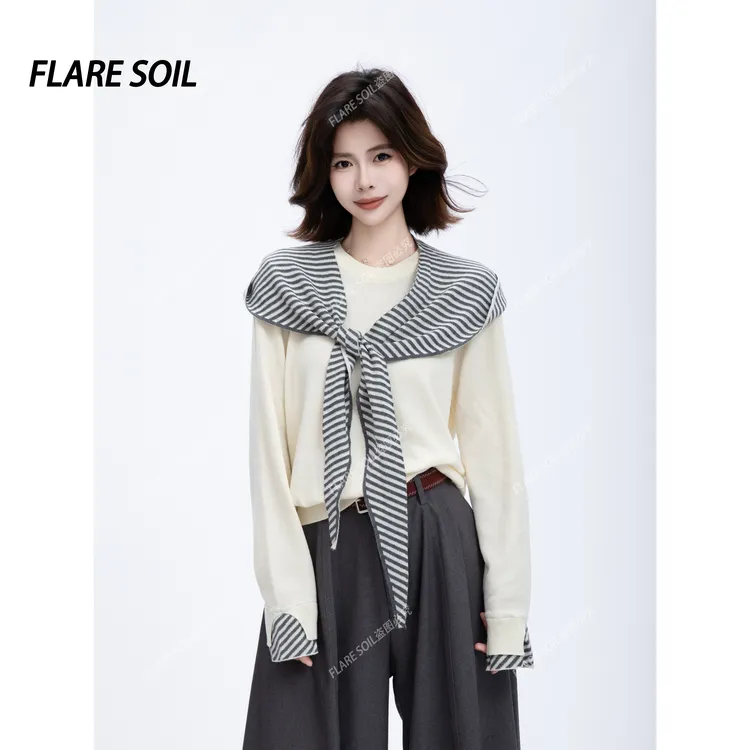 【FLARE SOIL】条纹披肩上衣秋冬针织套头款毛衣毛针织衫 T4692A