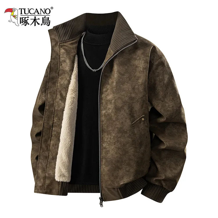 啄木鸟宽松大码加绒加厚皮衣外套男秋冬季新款男士防风保暖皮夹克