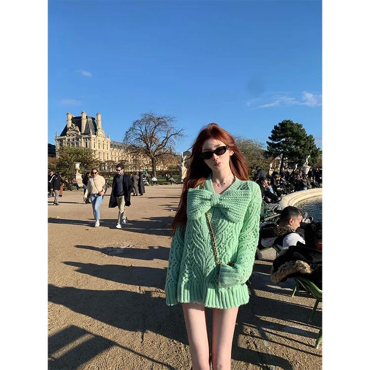2025秋冬韩系设计感小众洋气蝴蝶结休闲百搭针织网红长袖毛衣上衣
