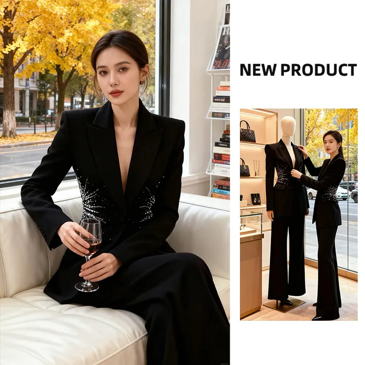 御姐范钉珠直角肩修身干练西装外套25年春夏新款显瘦直筒裤长套装