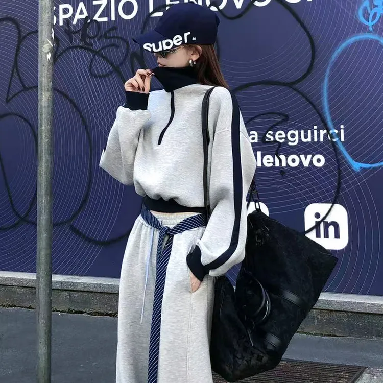美式百搭宽松拼色休闲运动套装女春秋新款韩系立领长袖卫衣卫裤装