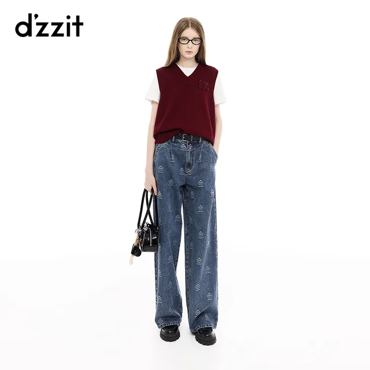 dzzit地素牛仔裤春秋摩登设计石榴提花阔腿裤长裤女3J1R802