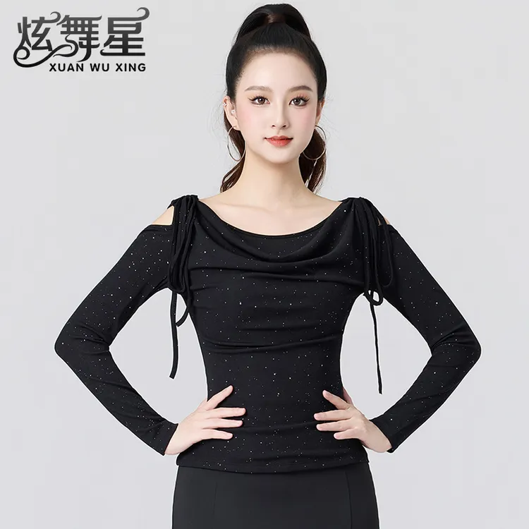拉丁舞上衣女新款时尚荡领摩登舞练功服成人国标初秋长袖交谊舞衣