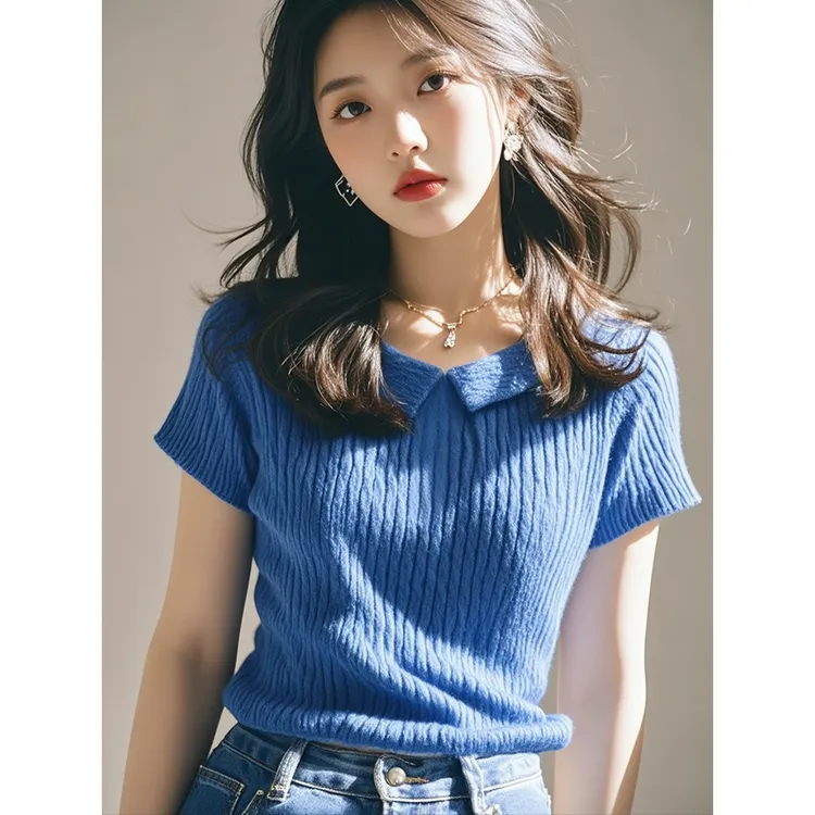 拉夏贝尔韩系复古风领针织正肩短袖恤女2025夏季款简约显瘦小衫女