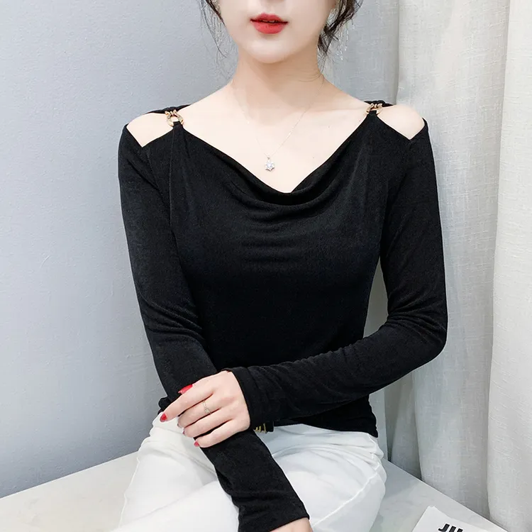 露肩镂空V领长袖T恤女2025年秋季新款纯色透气小衫百搭时尚单品潮