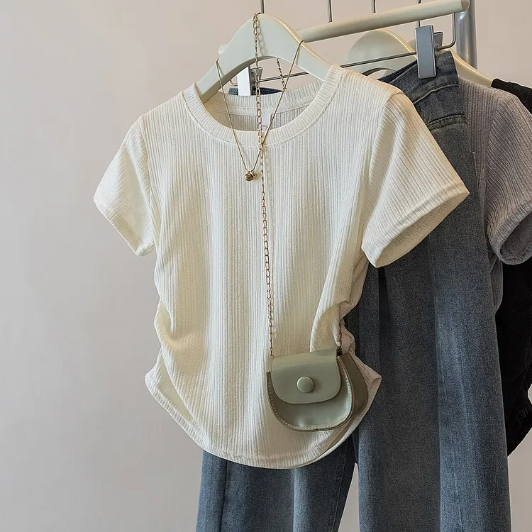 yoewshean/羽媗夏季微胖mm大码女装雪纺收腰修身显瘦短袖t恤上衣