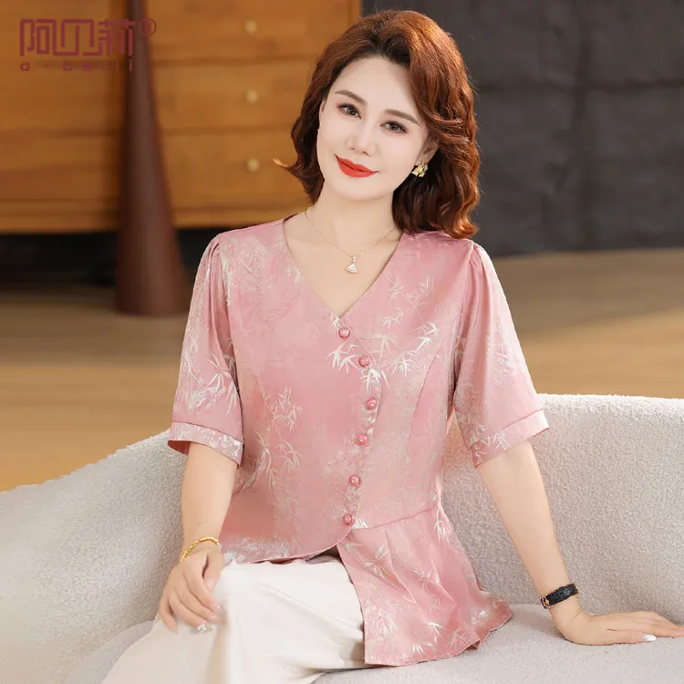 时尚妈妈夏装新中式国风套装洋气花色短袖雪纺衫上档次女装两件套