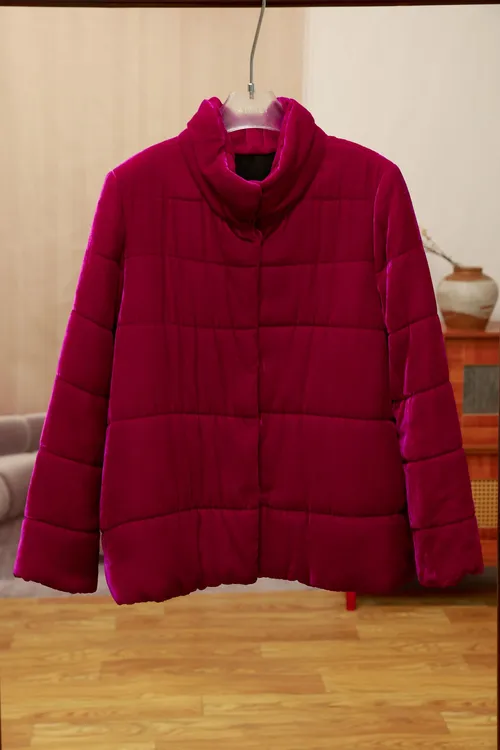 安哥拉红立领复古时尚真丝丝绒保暖外套W208130