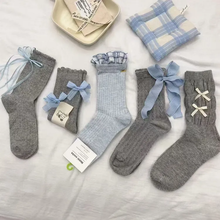 韩系春夏灰蓝色蝴蝶结袜子少女日系百搭可爱格子花边高颜值堆堆袜
