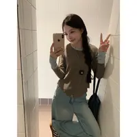 YO定制秋季百搭显瘦弹力撞色长袖T恤韩系休闲显瘦圆领打底衫上衣