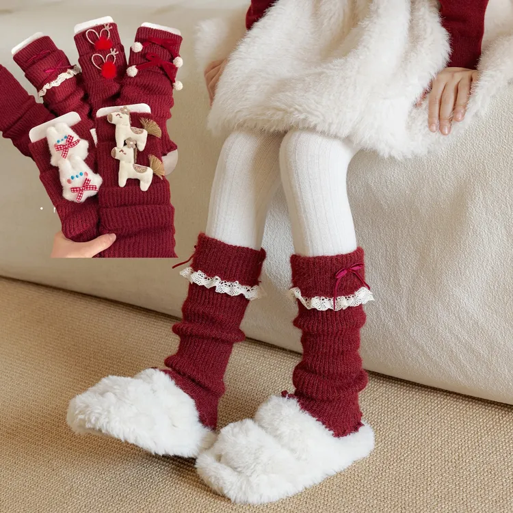 新年女童袜套秋冬季加厚针织堆堆大红小腿套儿童韩版蝴蝶结中筒袜