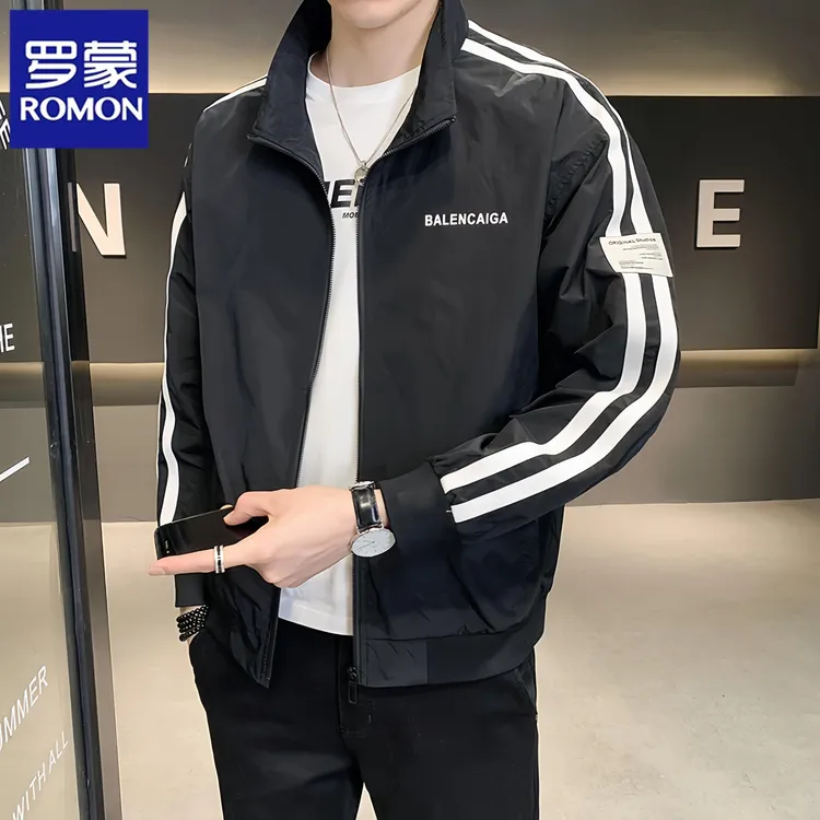 罗蒙立领夹克男士春秋季宽松条纹短款上衣服新款帅气百搭休闲外套