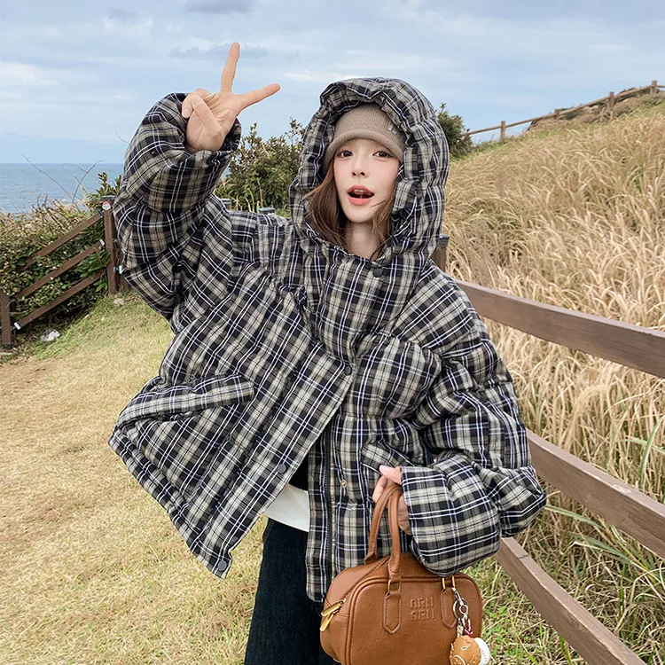 复古格子短款羽绒服女小个子冬季2025年新款高级感白鸭绒外套女