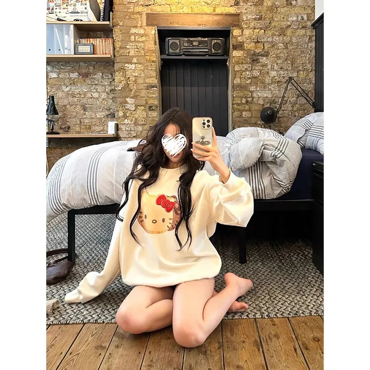 慵懒宽松设计感kt印花套头卫衣女松弛感显瘦上衣#C1226