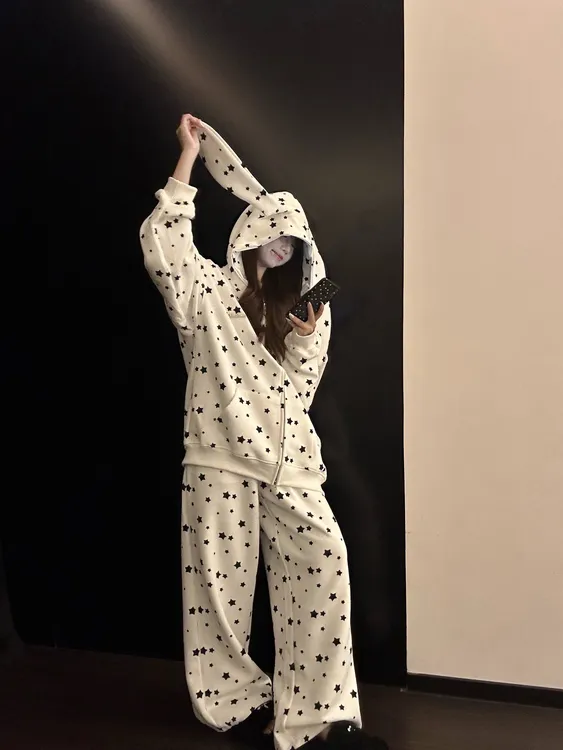 秋冬新款睡衣印花网红长裤家居服印花家居服套装连帽开衫星星长袖