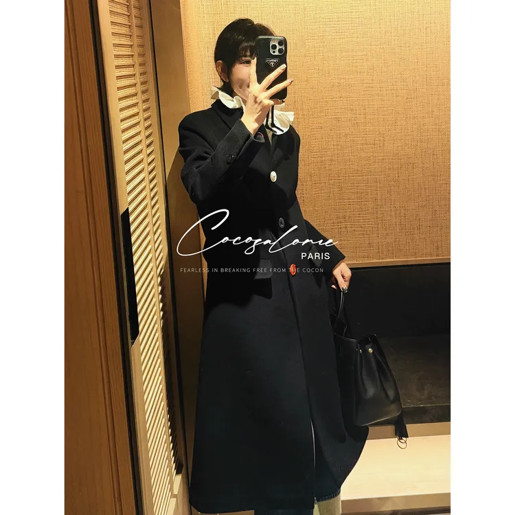 韩彬彬"1986秀场款"山羊绒+绵羊毛彩扣极简风秋冬长款大衣3378-8