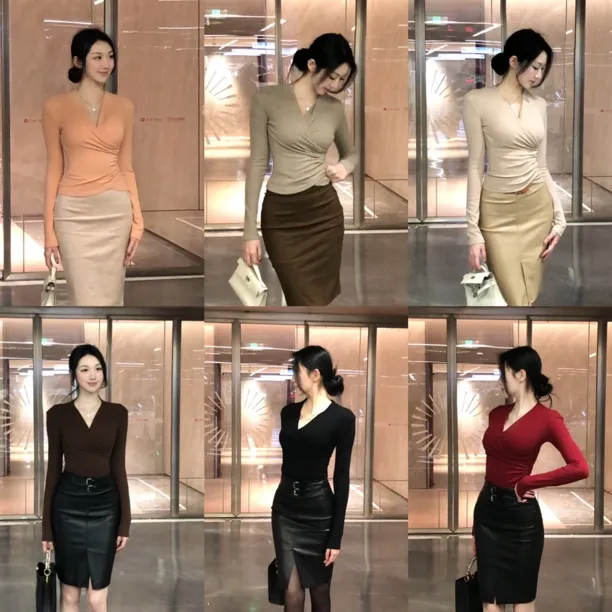 希野逸儿/纯欲V领长袖T恤女秋冬气质修身收腰内搭打底衫显瘦上衣