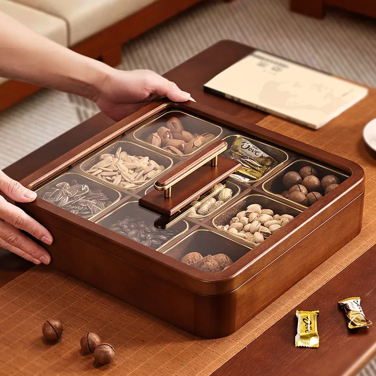 大容量胡桃木色实木干果盒中式食物收纳盒家用木质分格家用水果盘