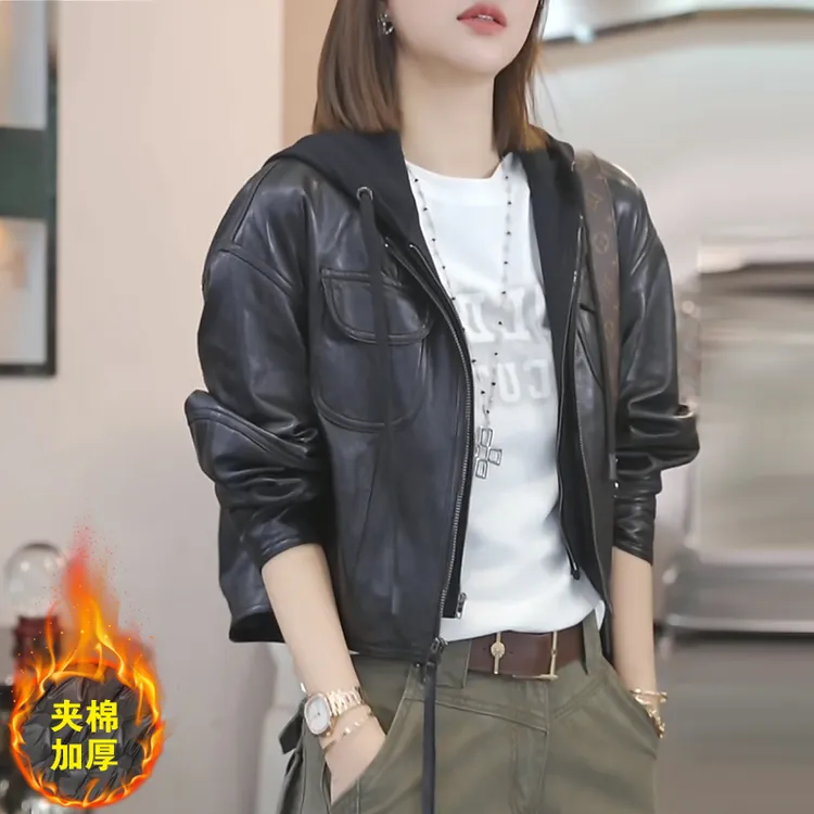 欧货时尚机车服夹棉短外套女2026秋冬新款连帽拼接设计感皮衣夹克