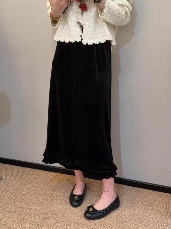 韩系木耳边直筒一步开叉裙2025秋冬新款气质高级感中长款半身裙女